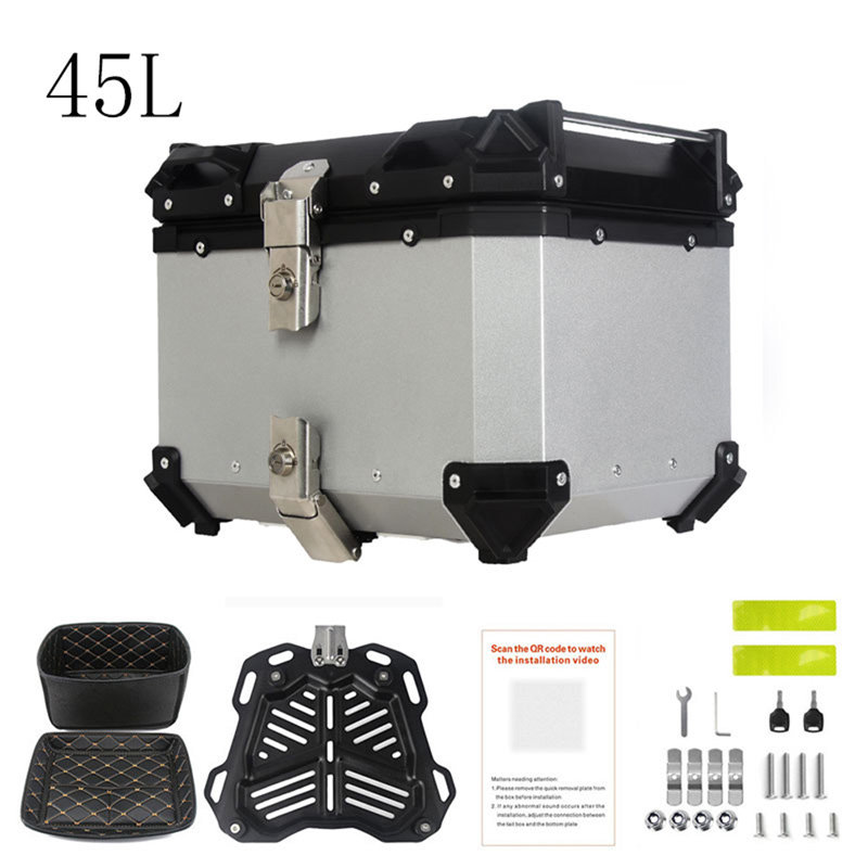 45L Motorcycle Top Case, Aluminum Alloy Waterproof Motorbike Top Box , Universal Motorcycle Trunk, Silver/Black
