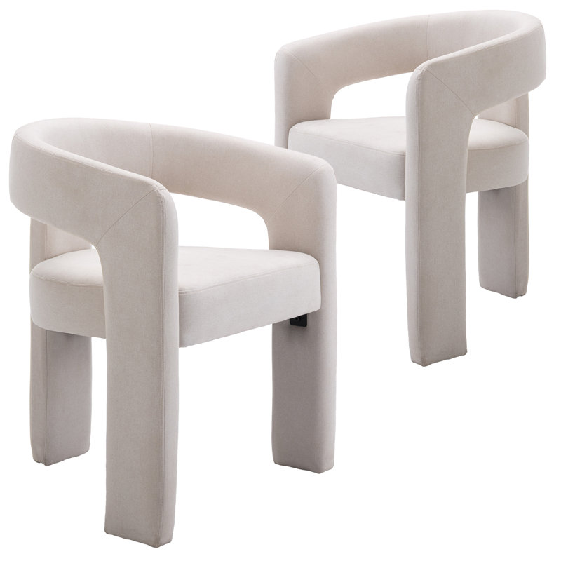 Beige Linen Upholstered Barrel Side Chairs with Metal Frame, Set of 2