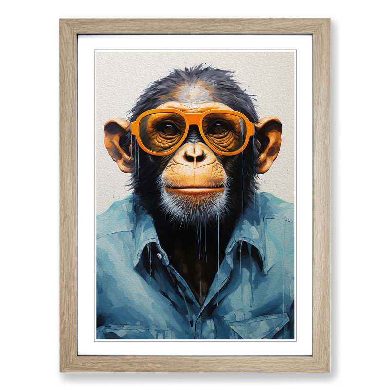 Monkey with Glasses Painting - Framed Print, Oak, 46cm H x 34cm W x 2cm D