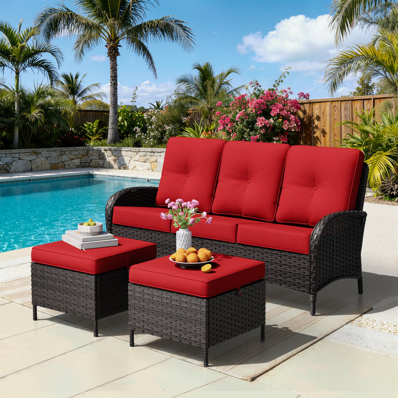 3-Person PE Wicker Outdoor Patio Set With 3-Seat Sofa, 2 Ottomans & Red Cushions, Red