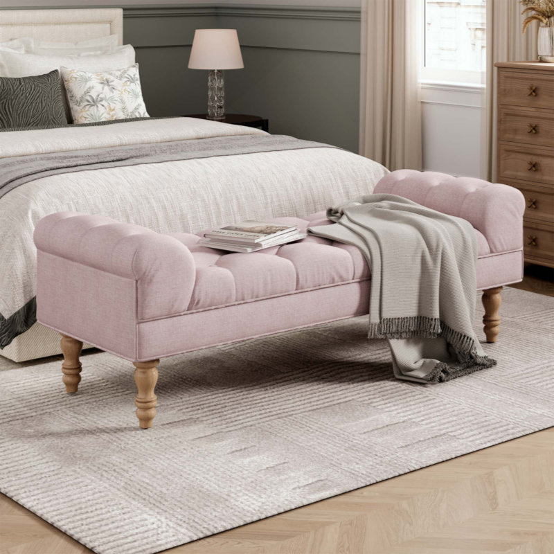 Button-Tufted End Of Bed Bench,Large Upholstered Ottoman,Foot Rest With Legs,Footstool With Rolled Arms,Upholstered Fabric Bench,Indoor Bench For Bedroom,Living Room,Entryway