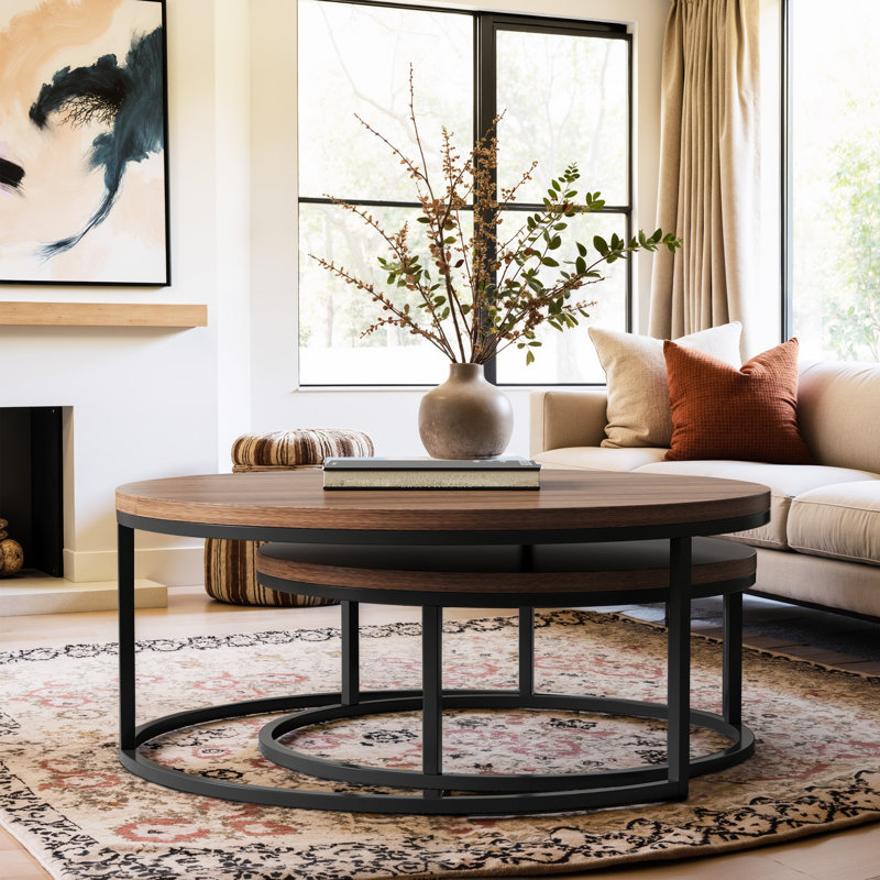 2 Piece Round Medieval Modern Nested Coffee Tables, Stackable Living Room Decorative Tables, Brown