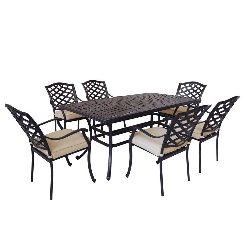 Ensemble de salle à manger rectangulaire en fonte d'aluminium 7 pièces avec 6 fauteuils