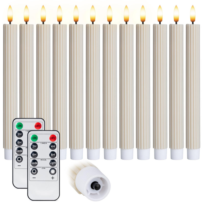 Fluted Ribbed Grooved LED Flameless Taper Candles, Remote, On/Off Button, Battery Operated, 12 Pack, Cream Beige