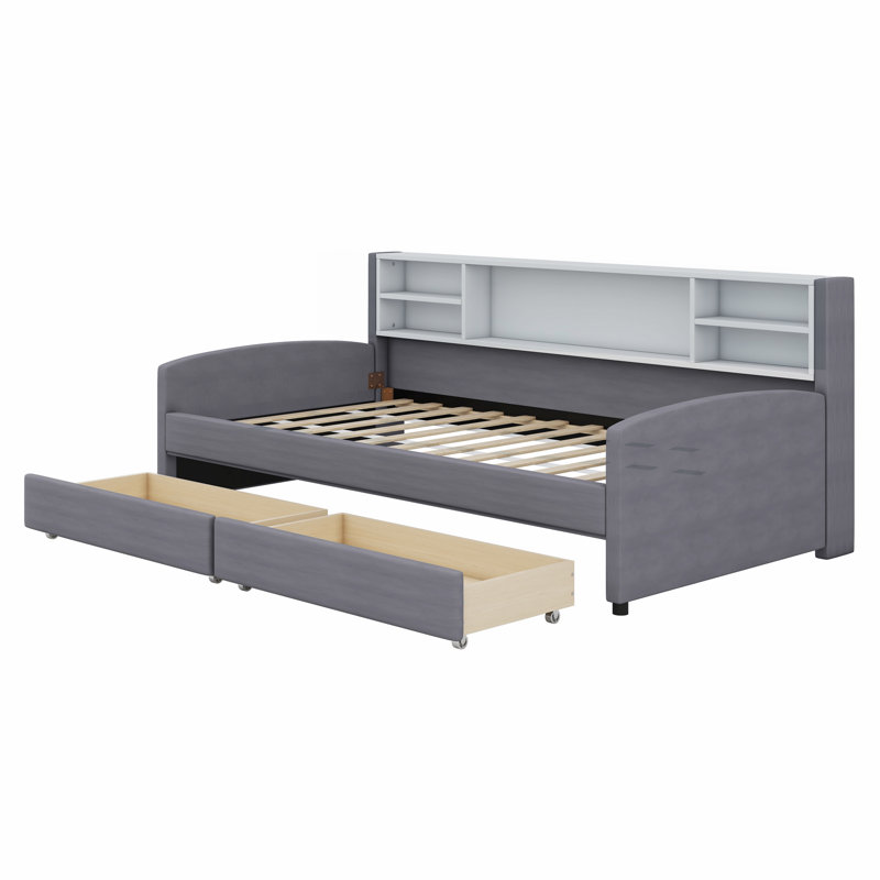 Upholstered Platform Bed With Storage And Drawers, Gray