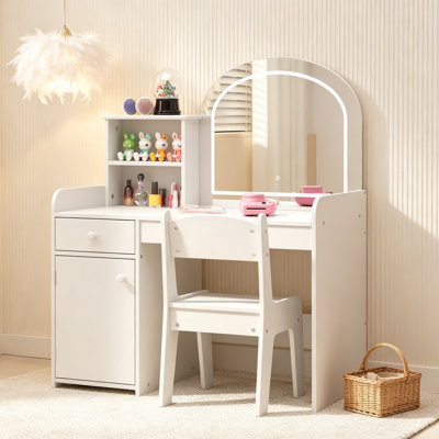 Kids' Engineered Wood Vanity Table and Chair Set with 3-Color LED Lighted Mirror, Drawer, Cabinet and Open Shelves