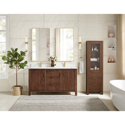 Meuble-lavabo double 60 po avec plateau en pierre blanche Charnley