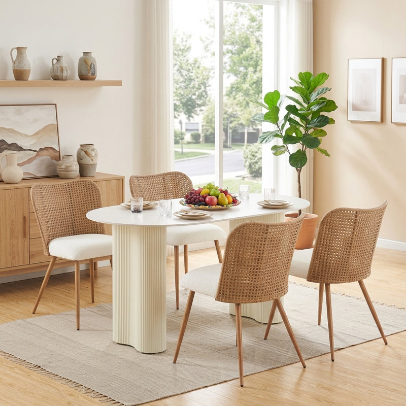 Rattan Dining Chairs Set Of 4,white Boucle Dining Room Chairs,cane Country Kitchen Chairs Upholstered Pe Rattan Dining Chair With Metal Legs For Dining Room,kitchen