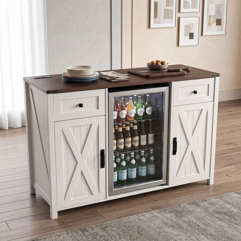 Mini armoire de réfrigérateur avec prise de courant, 2 tiroirs, tablettes réglables, supports à verres à vin et gestion des câbles