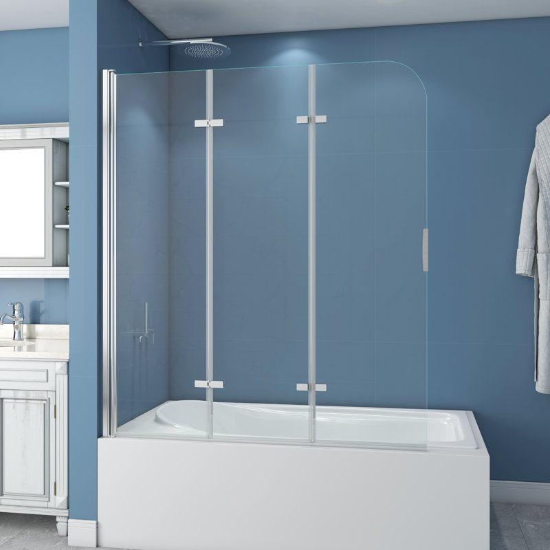 Jraty 51" W x 59"H Three Plates Folding Tub Door Bathtub Screen with Clear Glass, Silver