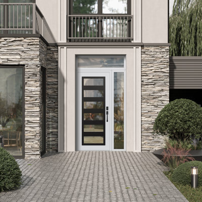 C9 Left-Hand 48 In. X 96 In. Panel Steel White And White Clear Glass With Sidelite And Transom Clear Glass Prehung Front Entry Door