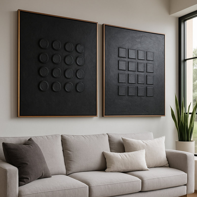 Hand-Painted Block Wall Artwork - Framed Art Print Display In Shadow Box Style - Canvas Art For Home Decor And Wall Paintings - Set Of 2, 94", Black