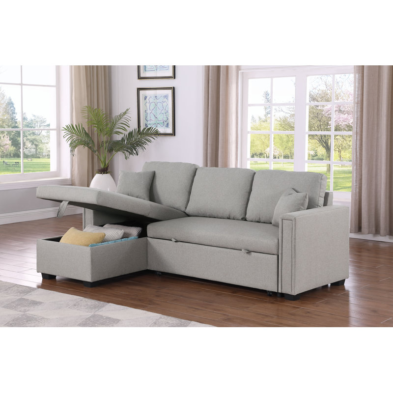 Dishaan Convertible Sleeper Sofa with Reversible Chaise, Light Gray 100% Polyester