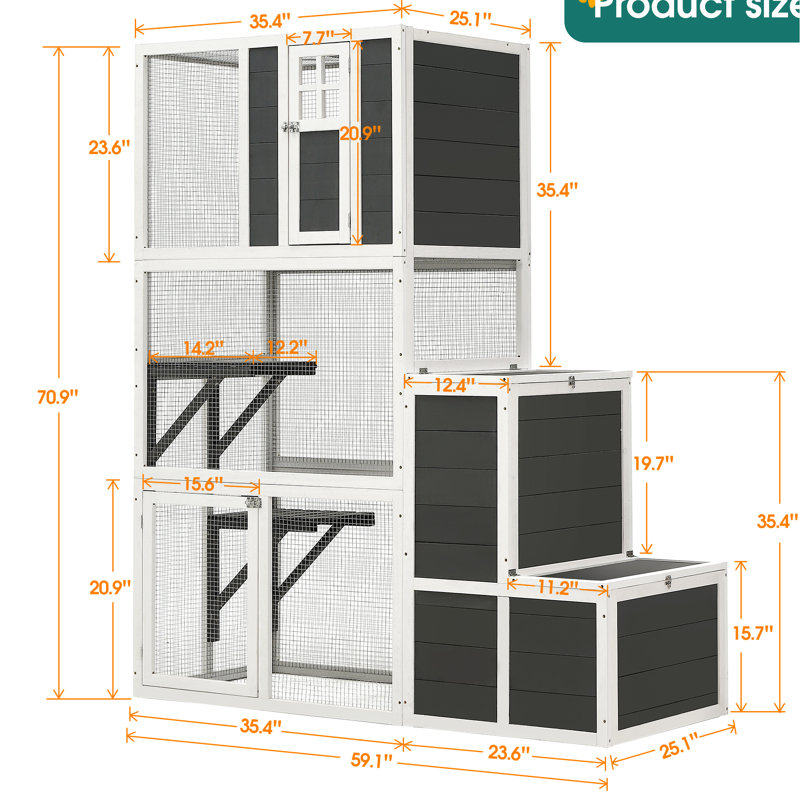 Cage en bois pour chat avec 2 portes - 3 abris pour l'extérieur et l'intérieur pour plusieurs chats