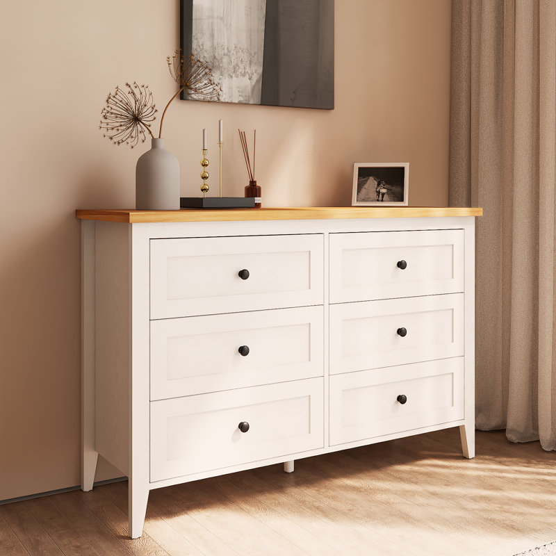 Commode double 6 tiroirs pour chambre Wilma, Bois naturel / blanc