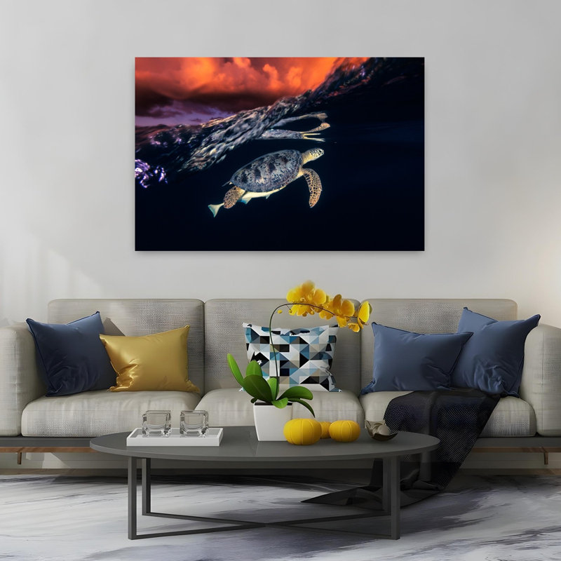 Sea Turtle Sunset Swim Peaceful Serene Tranquil Turtle Nature Ocean Wall Art Print 1 Piece Wrapped Canvas Wall Art