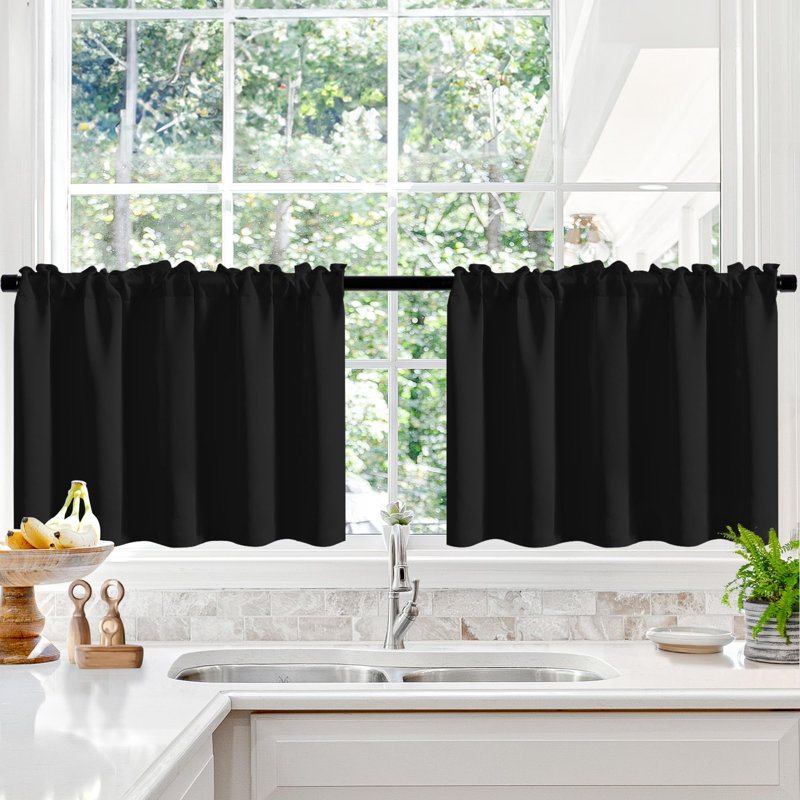 Short Room Darkening Thermal Insulated Window Curtains (Set of 2), Black, 52" W x 24" L