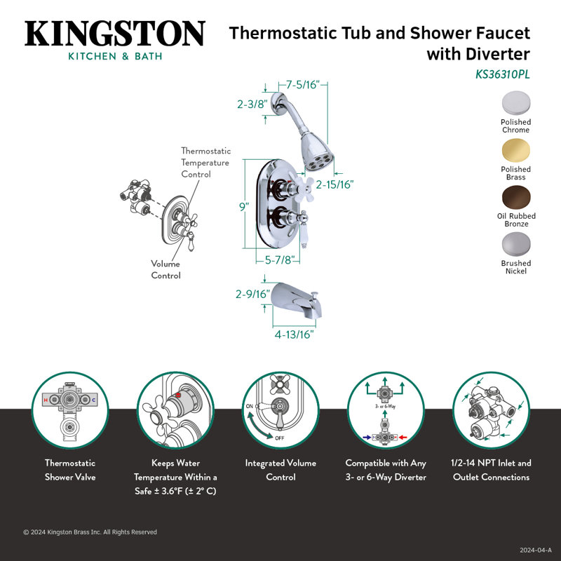 Kingston Brass Restoration Double-Handle 3-Hole Thermostatic Tub and Shower Faucet with Plunger Diverter, Polished Chrome