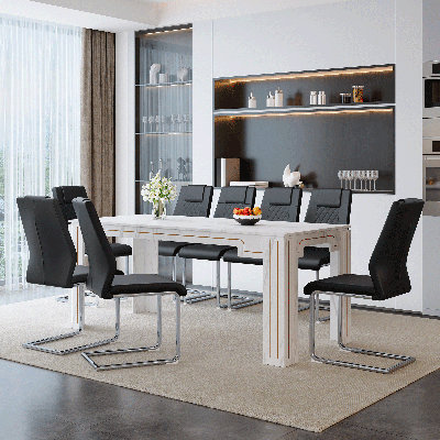 Ensemble de table de salle à manger 9 pièces, table de salle à manger en panneau de fibres à densité moyenne à motif marbre blanc 71 pouces, chaises en cuir de polyuréthane quadrillé, base arquée argentée, noir