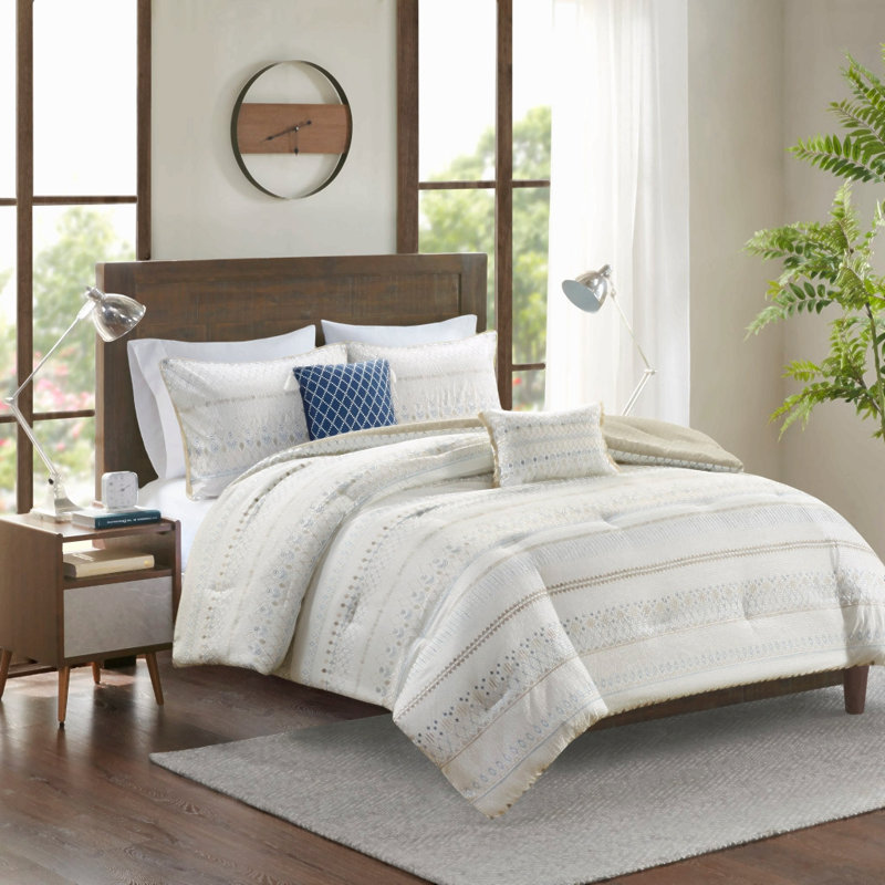Ensemble d'édredon imprimé 5 pièces avec coussins décoratifs en tissu gaufré taupe / bleu double / grand