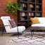Ortiz Cotton Upholstered Tall Back Occasional Chair With Black Steel Frame With Brown Suede Wrapped Arm Rests