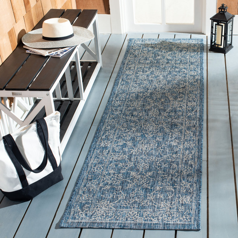 Tapis oriental d'intérieur / extérieur Courtyard Performance, Navy/Ivory, Tapis de couloir 2 pi 3 po x 8 pi