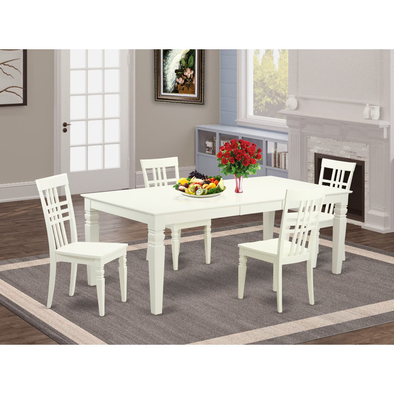 Ensemble de salle à manger 5 pièces comprenant une table rectangulaire avec rallonge papillon et 4 chaises de cuisine, 107 x 213 cm, blanc lin