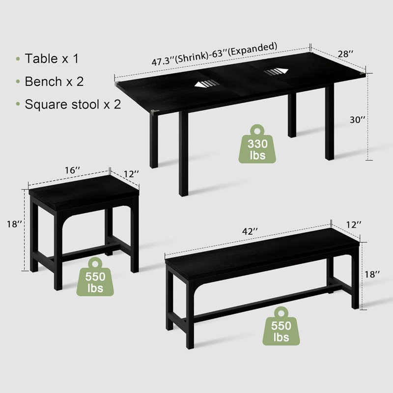 5-Piece Extendable Dining Table Set for 4-8 People, with 2 Benches & 2 Stools, Space Saving, Black, Black