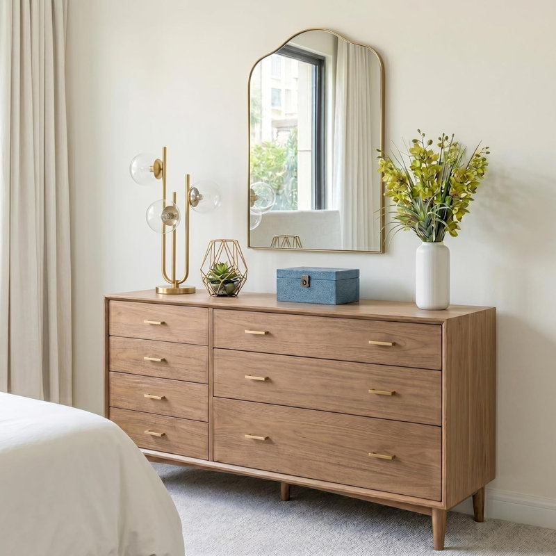 Aremi Contemporary Scalloped Arch Top Bathroom Vanity Mirror | Stainless Steel Frame, 35" x 22", Brushed Gold