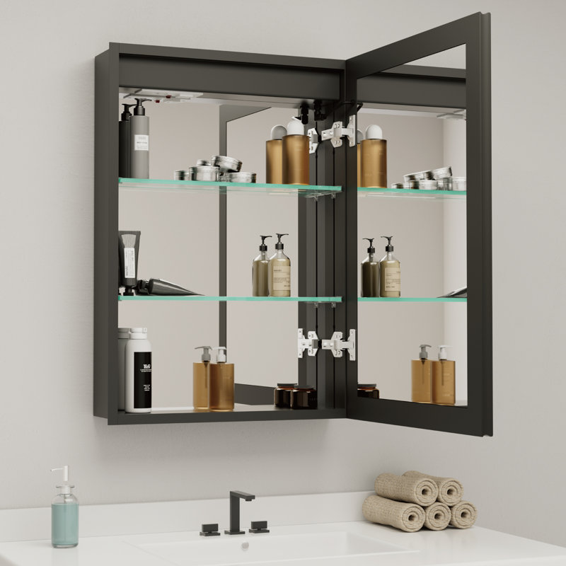 Armoire à pharmacie en aluminium avec miroir, éclairage DEL, 51 cm (L) x 71 cm (H), traitement antibuée, éclairage 3 couleurs à intensité variable, grand espace de rangement, étagères en verre réglables, port USB et prise homologuée UL, installation encastrée ou en saillie.