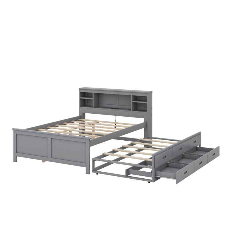 Lit plateforme double avec tête de lit de rangement, lit gigogne, port USB et tiroirs, gris