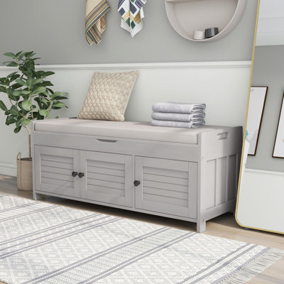 Banc de rangement avec 3 portes en forme de volet, banc à chaussures avec coussin amovible et rangement caché