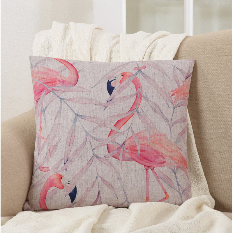 Beige and Pink Flamingo Print Square Throw Pillow