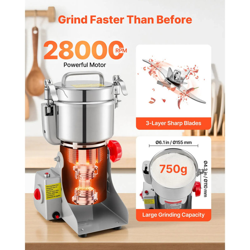 Moulin à grain électrique de 750 g, broyeur à sec à grande vitesse de maïs à épices de 2000 W et 28 000 tr / min, pulvérisateur en acier inoxydable pour grains de café séchés, épices à noix (type à rotation à 270 °)