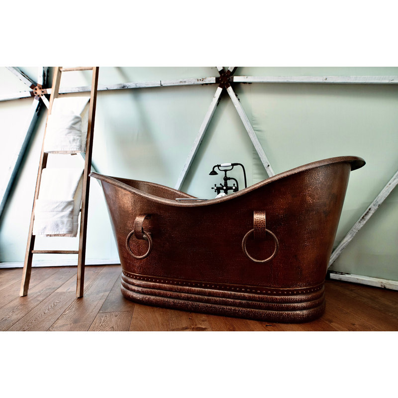 67" Hammered Copper Double Slipper Bathtub With Rings, Glazed White/Polished Copper