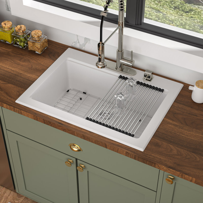 Quartz 30"L x 22"W Drop In Workstation Kitchen Sink Quartz Composite Stone Single Bowl Kitchen Sink with Two Faucet Holes