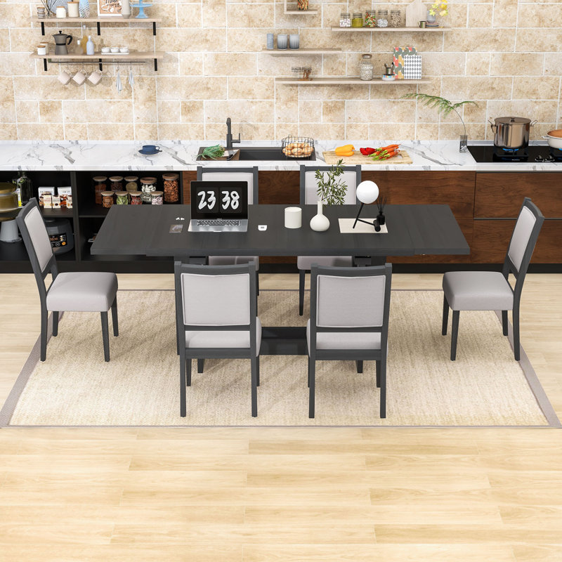 Ensemble de table de salle à manger extensible 7 pièces avec 6 chaises rembourrées et 2 rallonges amovibles, Gris