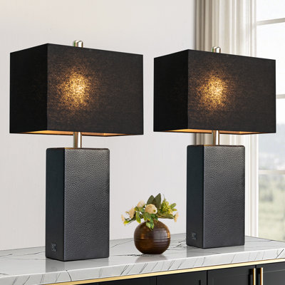 24'' Modern Faux Leather Table Lamps With USB-A & USB-C Charging Ports(Set Of 2)