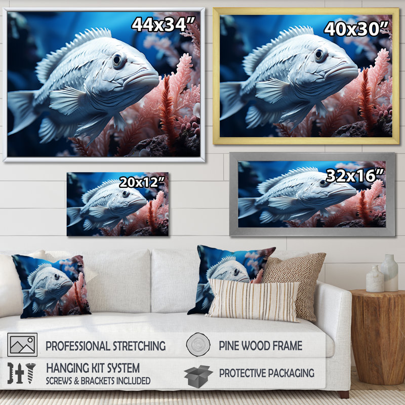 «Blue Fish Hiding in Coral», reproduction sur toile, Toile tendue, H 34 po x l 44 po x P 1,5 po