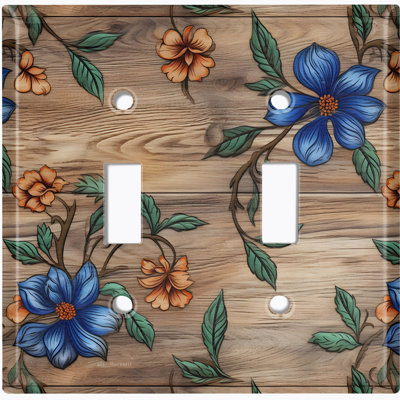 Metal Light Switch Plate Outlet Cover (Blue Flower Stem Brown - Double Toggle)
