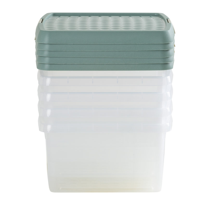 Wham Clip 5x 9L Square Plastic Storage Boxes with Secure Clip Lock Lids. L:29 x W:29 x H:15.5cm Clear/Green Milieu/Stone