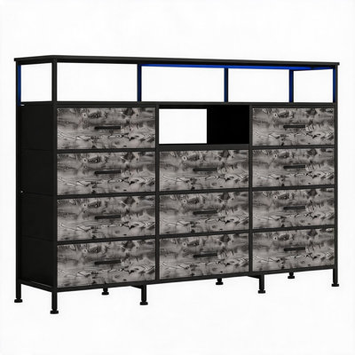 Commode en tissu 55 po avec éclairage à DEL et station de charge, coffre de rangement gris à 11 tiroirs avec structure en acier et plateau en bois, 55,12 po x 13,78 po x 36,89 po
