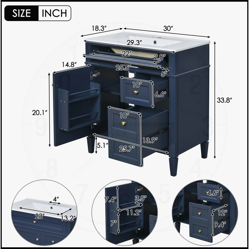 Meuble-lavabo de 30 po avec lavabo supérieur, Bleu