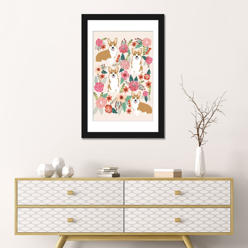 Corgi floral, reproduction d’art sur toile tendue, H 32 po x l 24 po x P 1 po, Papier d'art encadré noir, Blanc
