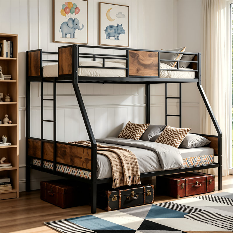 Lit superposé simple au-dessus d'un lit double en métal avec double échelle, garde-corps pleine longueur, structure en acier robuste, lit plateforme peu encombrant avec rangement sous le lit, aucun sommier nécessaire