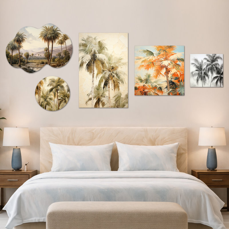 Palmier, désert, oasis IV - ensemble d'art mural botanique surdimensionné, métal et toile sur 5 (100 po x 40 po)