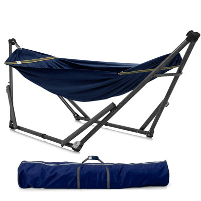 Hamac avec support Uniki, capacité de 550 lb - installation en 30 secondes, support en acier robuste, garantie de 3 ans, assemblage sans outil, sac de transport de qualité supérieure inclus, hamac intérieur et extérieur, bleu marine