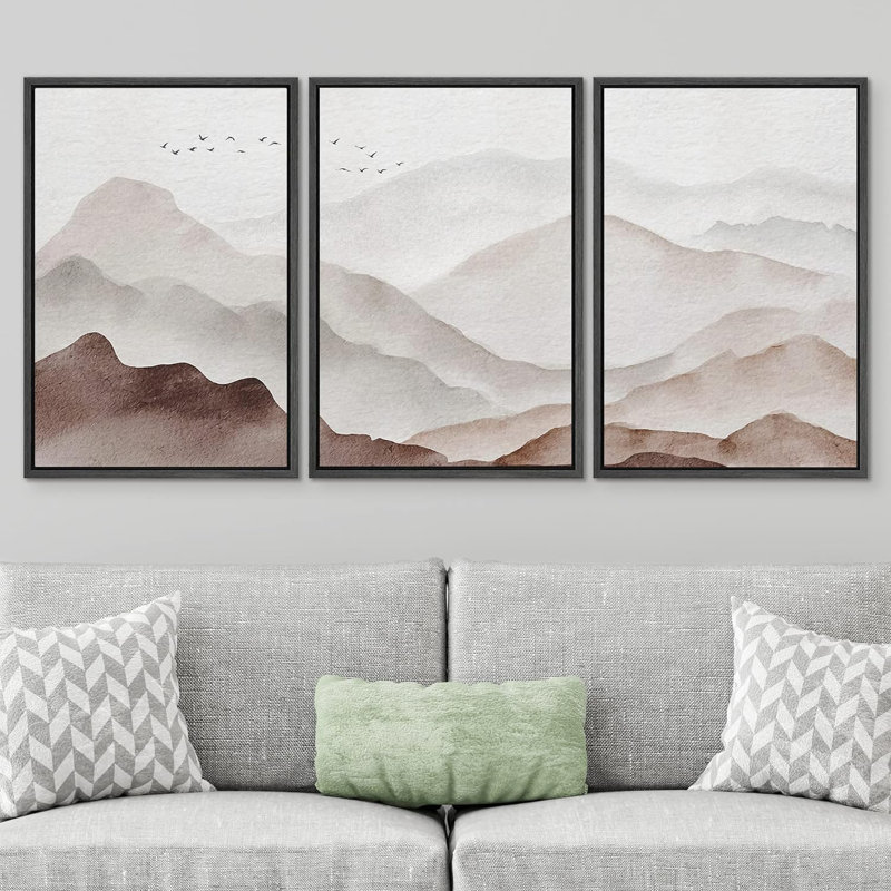 «Abstract Landscape Brown Watercolor Misty Mountain Range», reproduction de tableau encadrée sur toile 3 pièces, Noir
