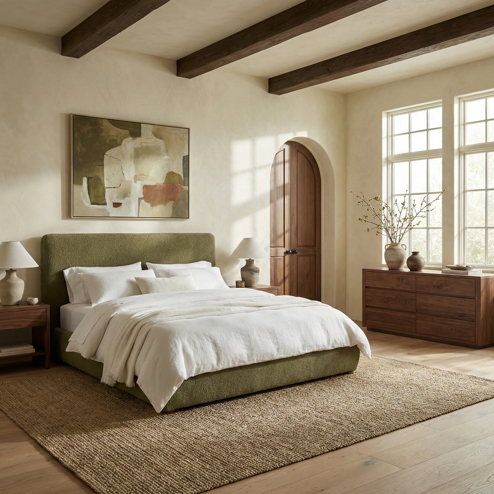 Callahan Upholstered Bed, Queen, Olive Green Faux Sherpa