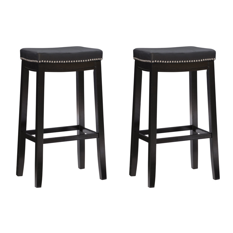 Arlyce 26.5" Solid Wood Backless Counter Stool with Vegan Leather Upholstered Seat, Black, Bar Stool (32.25" Seat Height)